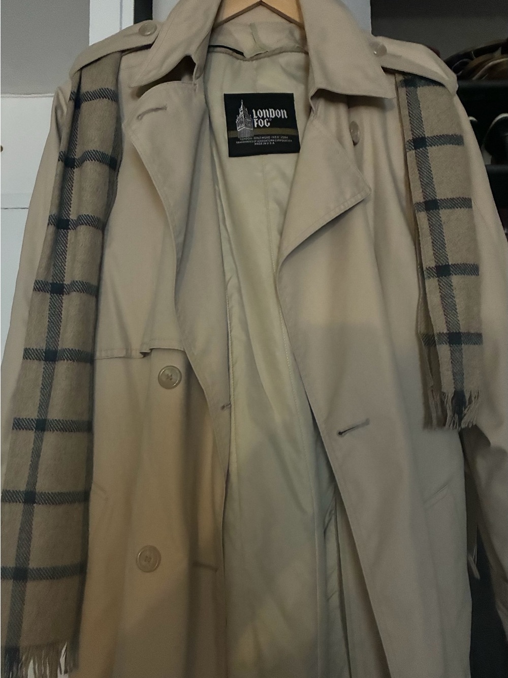 London Fog Classic Tan Trench Coat with Plaid Scarf Accent